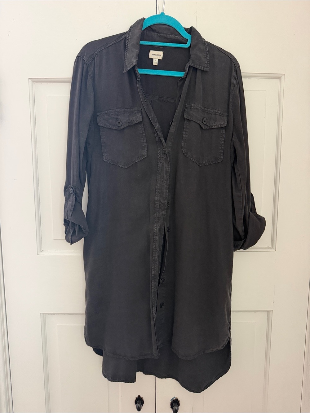 Sneak Peek Charcoal Button-Front Long Sleeve Shirt Dress